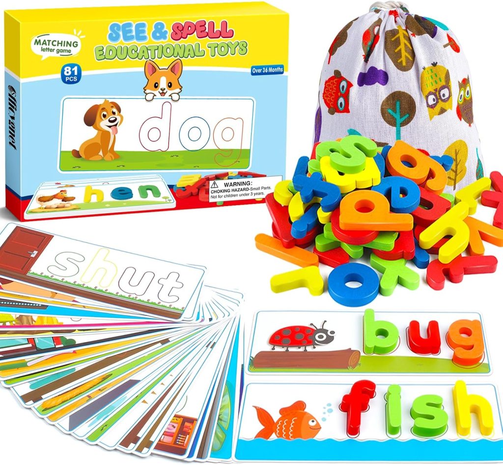 Learning Toys for 3 4 5 6 Years Old Boys and Girls, See & Spell CVC Word Builders with Alphabet Cards for Kids Ages 3-5, Matching Letter Game for Preschool Toddler Learning Activities