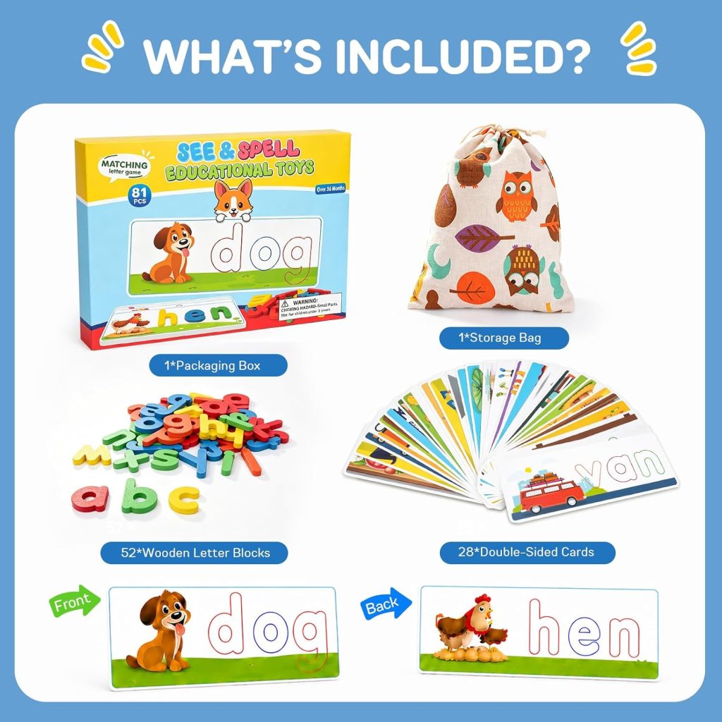 Learning Toys for 3 4 5 6 Years Old Boys and Girls, See & Spell CVC Word Builders with Alphabet Cards for Kids Ages 3-5, Matching Letter Game for Preschool Toddler Learning Activities