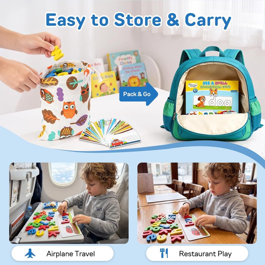 Learning Toys for 3 4 5 6 Years Old Boys and Girls, See & Spell CVC Word Builders with Alphabet Cards for Kids Ages 3-5, Matching Letter Game for Preschool Toddler Learning Activities