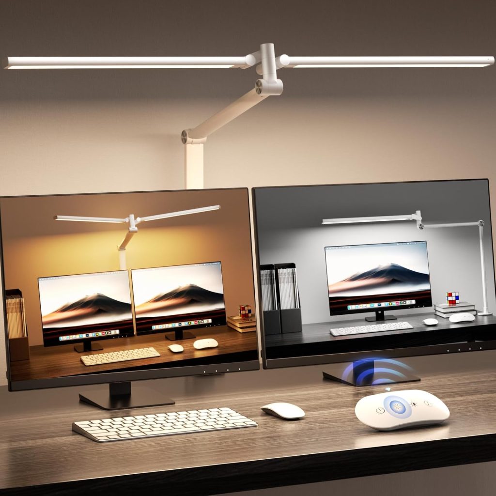 LED Desk Lamp, Double Swing Arm Wide Lighting Area Desk Lamps for Home Office with Stepless Dimming, Eye-Caring Architect Desk Light with Clamp for Reading, Study, Workbench, Drafting(White)