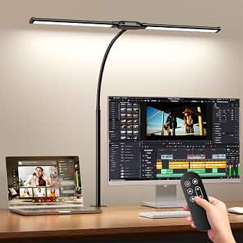 LED Desk Lamp with Clamp – Double Head Desk Light with Remote and Touch – Eye Protection – 12 W, 5 Color Modes, Timer and Memory Function, Flexible Gooseneck – for Office, Reading – Black