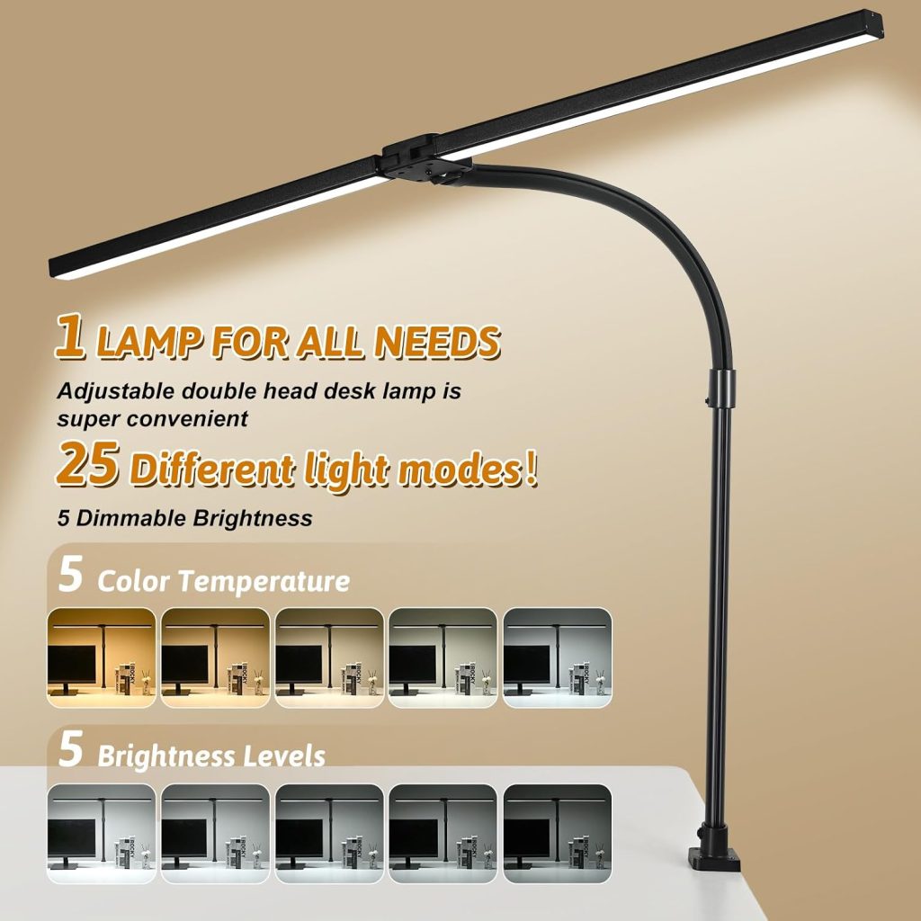 LED Desk Lamp with Clamp and Base, Dual Head Monitor Light