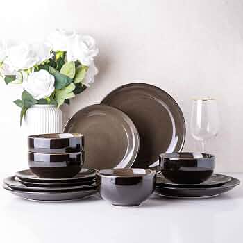 LeRatio Ceramic Dinnerware Sets for 4,12Pcs Porcelain Plates and Bowls Set