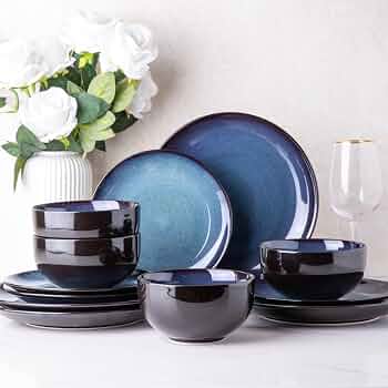 LeRatio Ceramic Dinnerware Sets for 4,12Pcs Porcelain Plates and Bowls Set