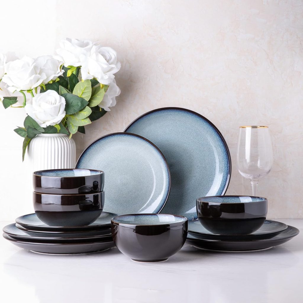 LeRatio Ceramic Dinnerware Sets for 4,12Pcs Porcelain Plates and Bowls Set