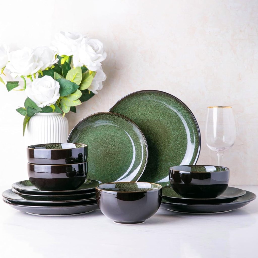 LeRatio Ceramic Dinnerware Sets for 4,12Pcs Porcelain Plates and Bowls Set