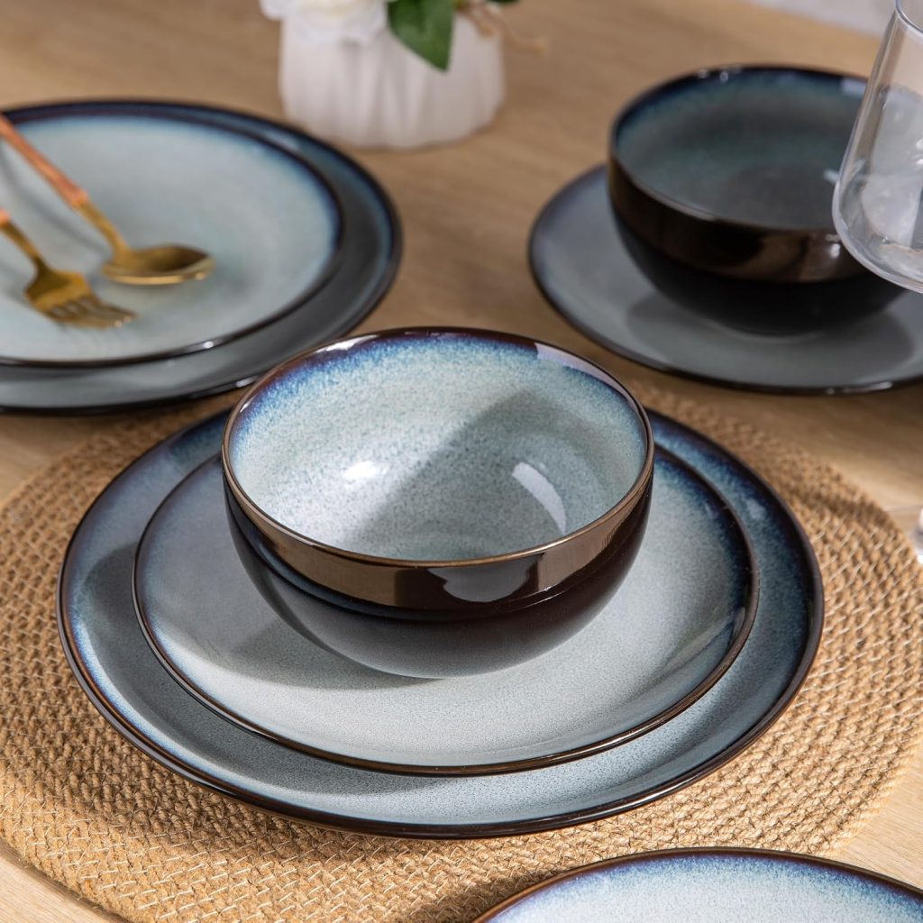 LeRatio Ceramic Dinnerware Sets for 4,12Pcs Porcelain Plates and Bowls Set