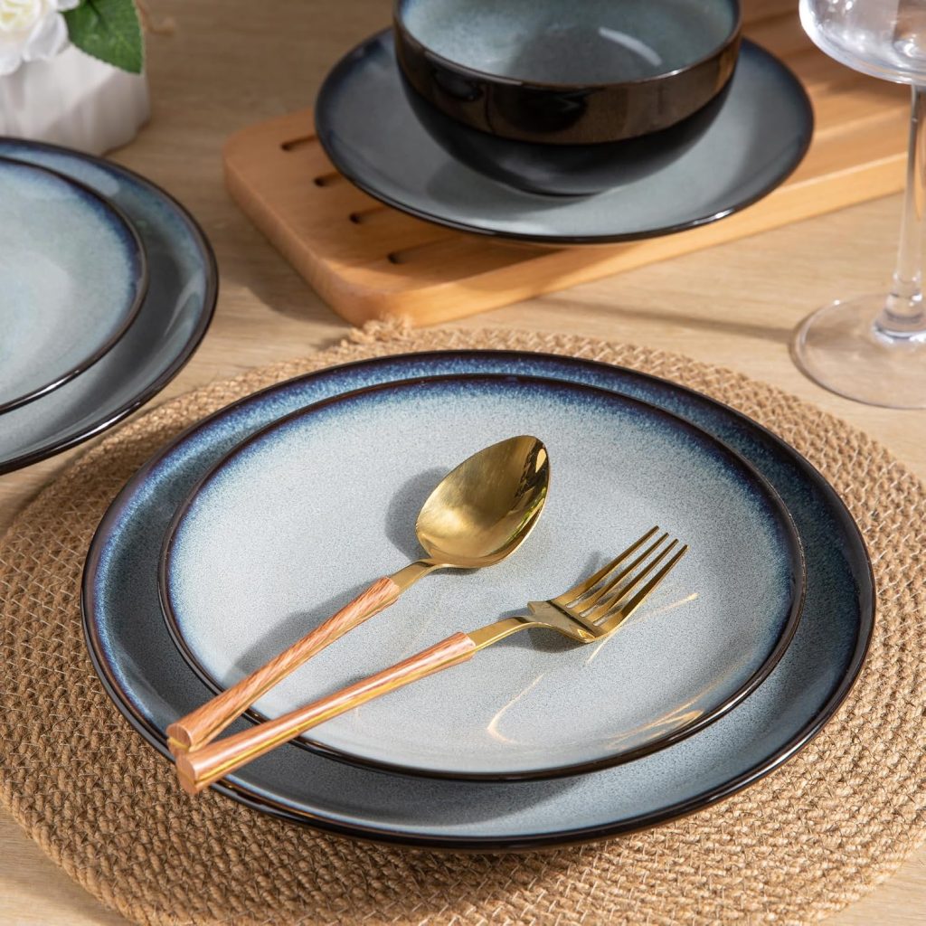 LeRatio Ceramic Dinnerware Sets for 4,12Pcs Porcelain Plates and Bowls Set