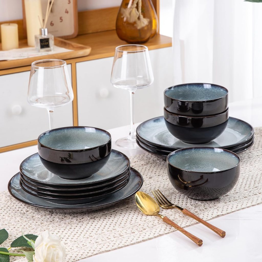 LeRatio Ceramic Dinnerware Sets for 4,12Pcs Porcelain Plates and Bowls Set
