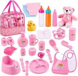 Liberty Imports 28 PCS Baby Doll Accessories Complete Care Set – Doll Feeding Pretend Playset for Kids, Girls with Magic Milk Bottles in a Storage Bag