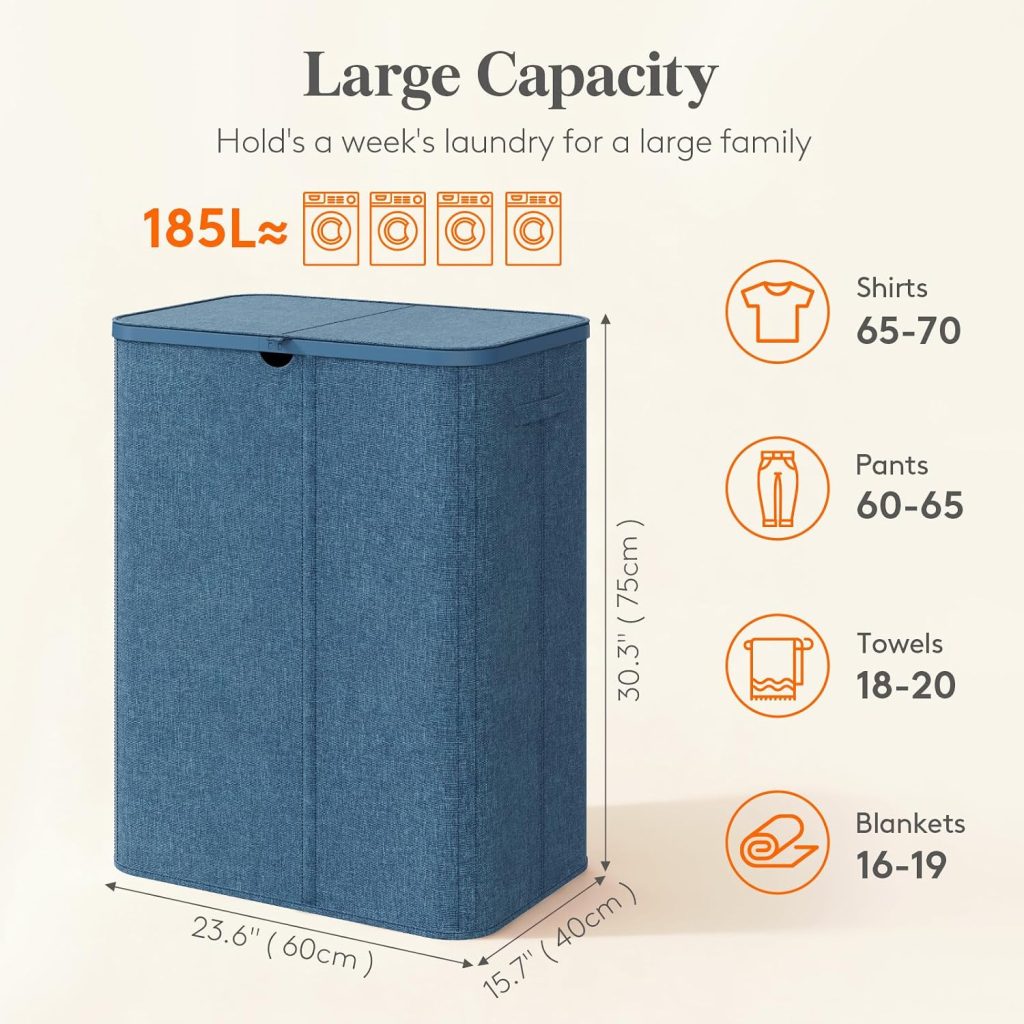 Lifewit 185L 3 Section Laundry Hamper with Lid, Laundry Basket, Dark Blue