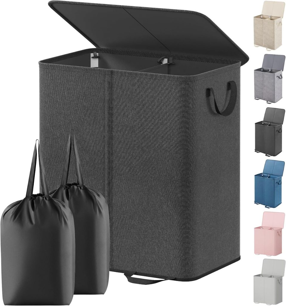Lifewit Double Laundry Hamper with Lid, Removable Laundry Bags, Black