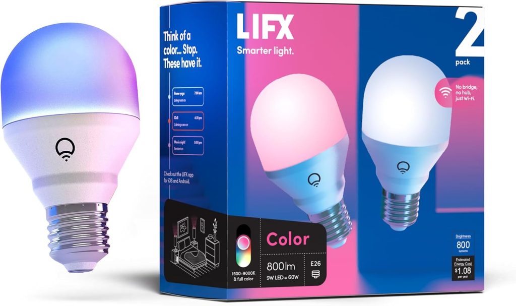LIFX Color Smart Light Bulbs (2-Pack) A19 E26, Matter Compatible RGB + Tunable White (800 Lumens), WiFi Dimmable Color Changing (2.4GHz), Compatible with Apple HomeKit, Alexa & Google