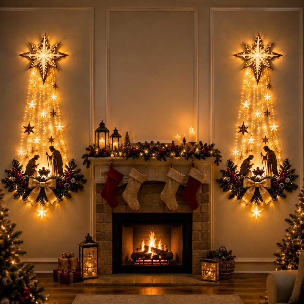 Lighted Nativity Wall Decor with Bethlehem Star, Warm LED Lights,2 set