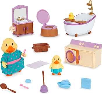 Li’l Woodzeez Bathroom & Laundry Playset, 18-Piece Duck Figures, Playsets
