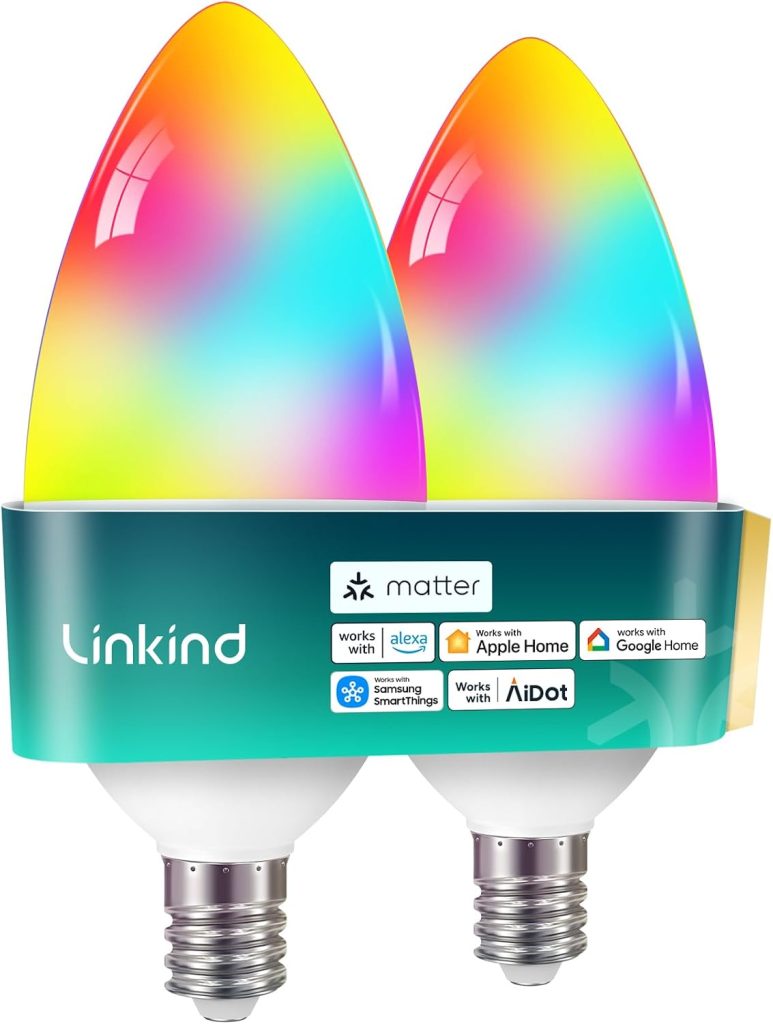 Linkind Matter E12 Led Bulbs, Color Changing Smart Light Bulbs, 2 Pack