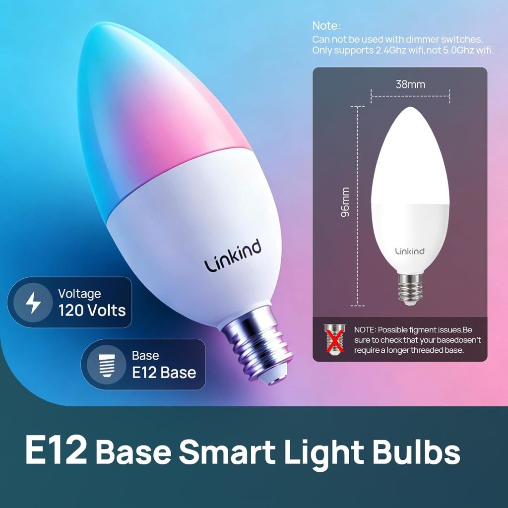 Linkind Matter E12 Led Bulbs, Color Changing Smart Light Bulbs, 2 Pack