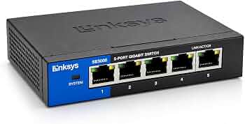 Linksys SE3005 V2 5-Port Gigabit Ethernet Unmanaged Switch, Network Hub, Ethernet Splitter, Plug and Play, Fanless Metal Design, Traffic Optimization (QoS), Desktop or Wall Mount