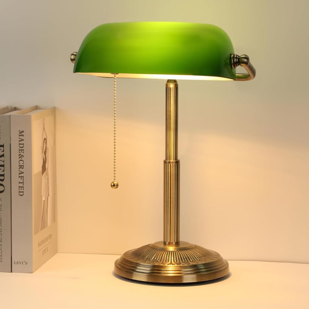 LINNMON Bankers Desk Lamp, Pull Chain Switch (Brass+Green)