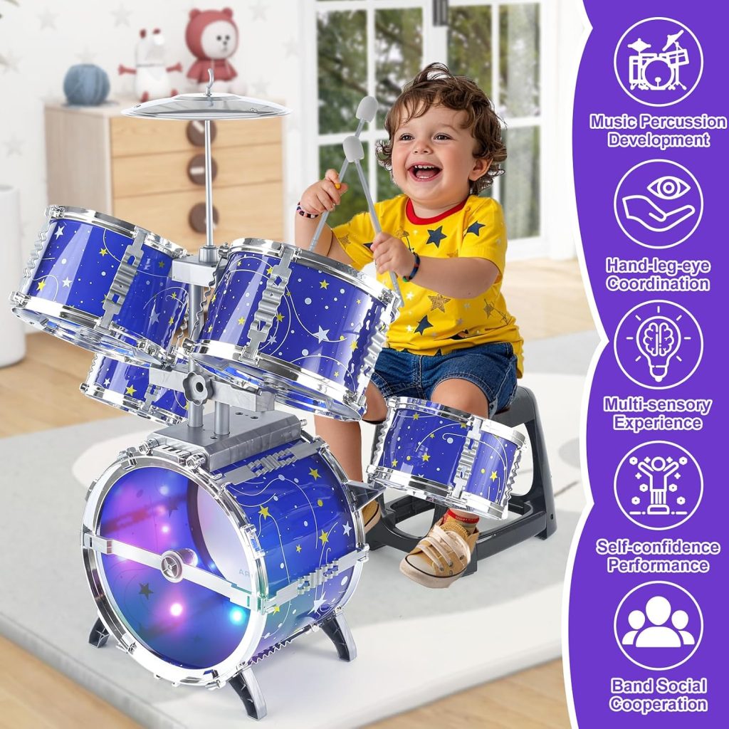LinseyFun Upgraded Kids Drum Set for Toddlers 3-5, Light-up Jazz Drum Toy