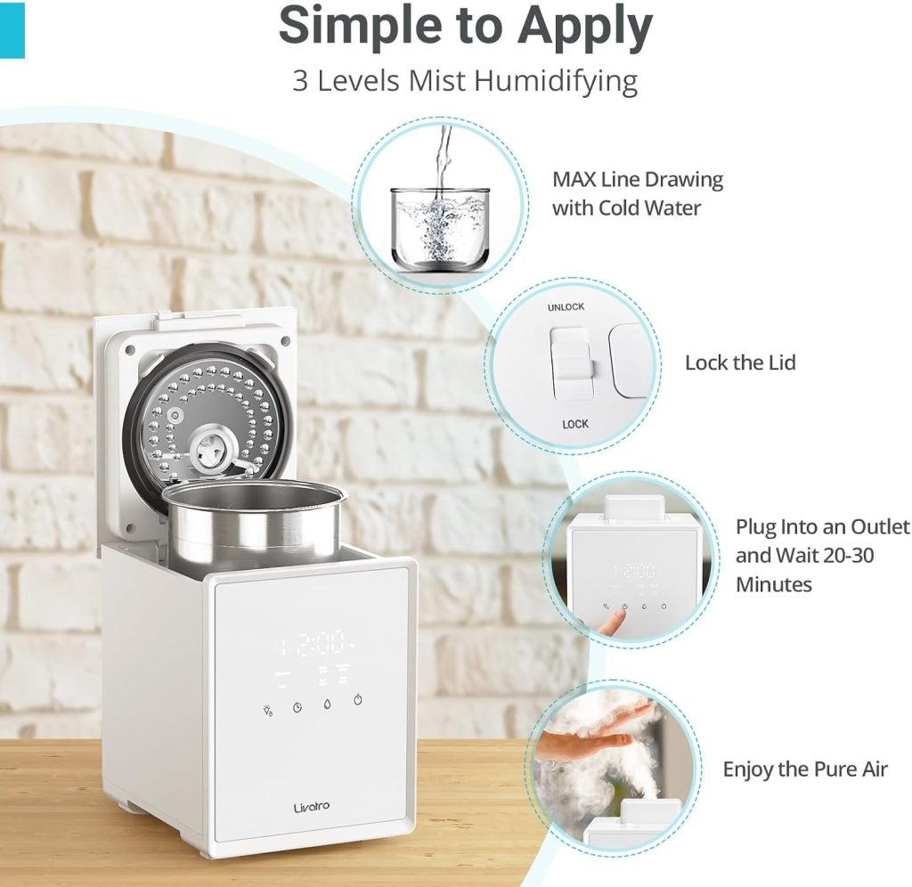 Livatro Stainless Steel Warm Mist Humidifier for Bedroom 3L Steam Vaporizer