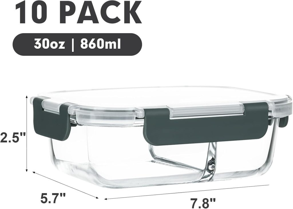 M MCIRCO 10 Pack,30 oz, 2 Compartments Glass Meal Prep Containers with Lids