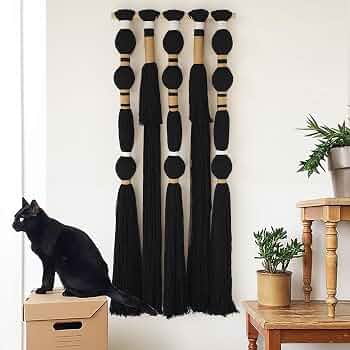 Macrame Wall Hanging Black Spherical Tassel Geometric Wall Art 15.7″W*39″L
