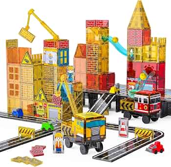 Magnetic Tiles for Kids Ages 4-8 Construction Toys with Crane Marble Run