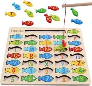 Magnetic Wooden Fishing Game Toy for Preschoolers, Alphabet Fish Catching Counting Games Puzzle with Numbers and Letters, Preschool Learning ABC and Math Educational Toys for 3 4 5 Years Old Kids