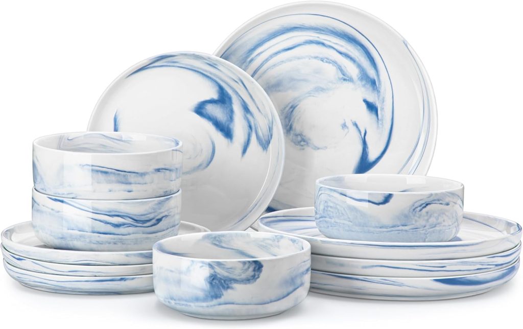MALACASA 12 Pcs Porcelain Plates and Bowls Sets,Dinnerware Set for 4,Blue