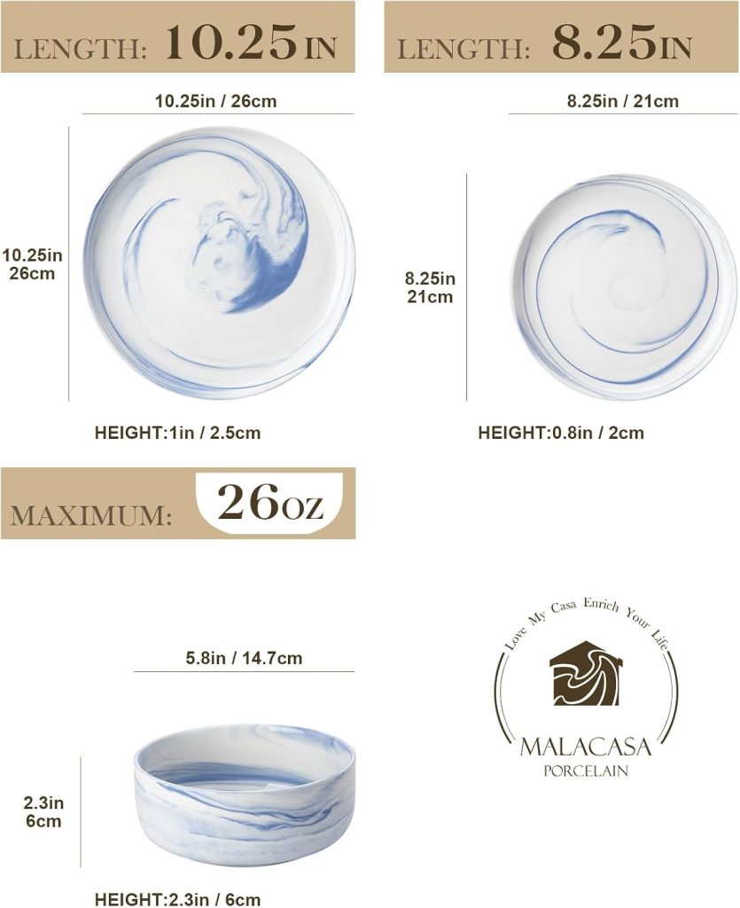 MALACASA 12 Pcs Porcelain Plates and Bowls Sets,Dinnerware Set for 4,Blue
