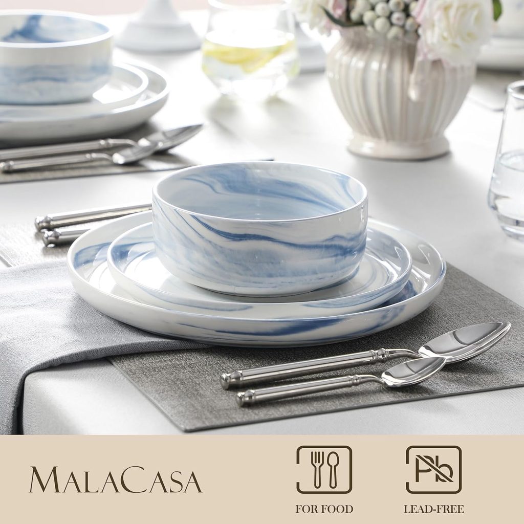 MALACASA 12 Pcs Porcelain Plates and Bowls Sets,Dinnerware Set for 4,Blue