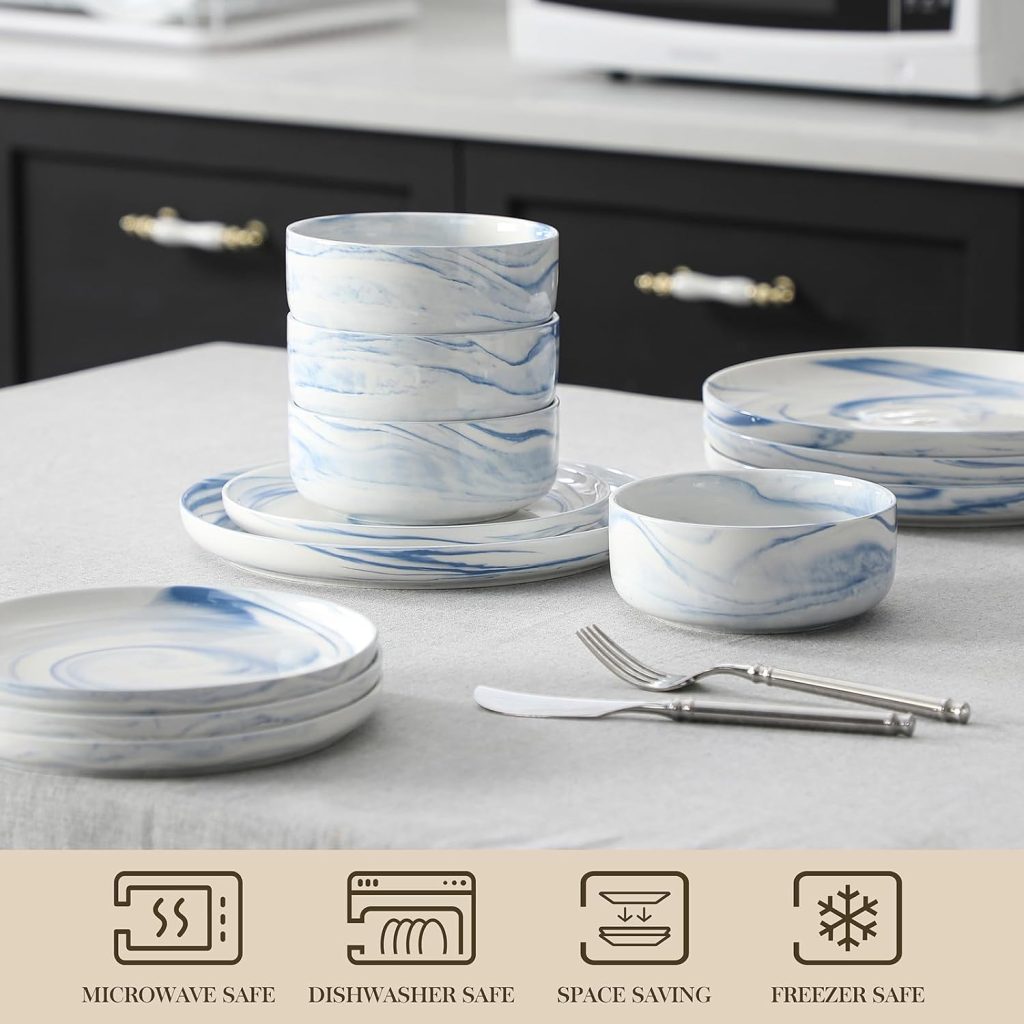 MALACASA 12 Pcs Porcelain Plates and Bowls Sets,Dinnerware Set for 4,Blue