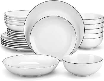 MALACASA 24-Piece Porcelain Dinnerware Set, with Black Rim Dish Set for 6