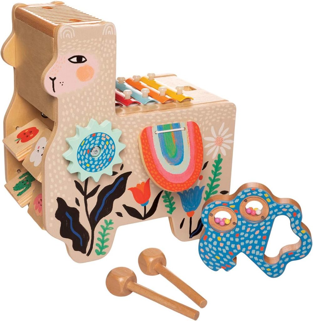 Manhattan Toy Musical Llama Wooden Instrument for Toddlers with Maraca, Clacking Saddlebags, Drumsticks, Washboard & Xylophone