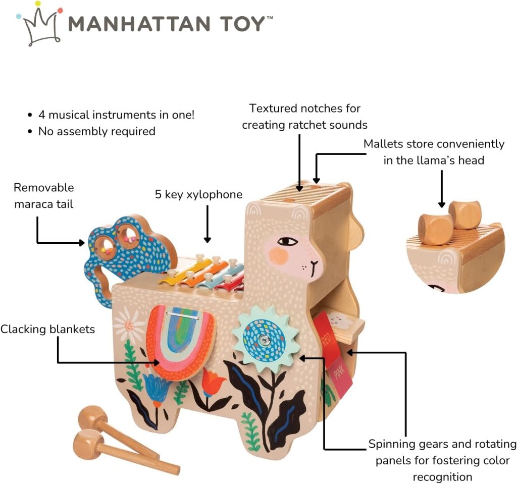 Manhattan Toy Musical Llama Wooden Instrument for Toddlers with Maraca, Clacking Saddlebags, Drumsticks, Washboard & Xylophone