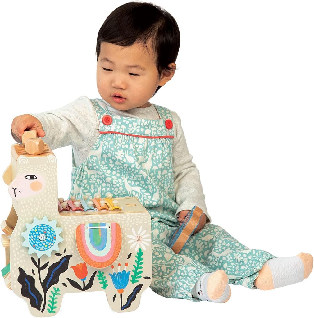 Manhattan Toy Musical Llama Wooden Instrument for Toddlers with Maraca, Clacking Saddlebags, Drumsticks, Washboard & Xylophone