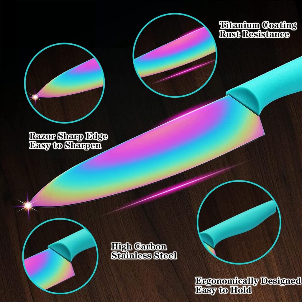 Marco Almond Kitchen Knife Set 12PC Rainbow Steel Knife Set w Cover