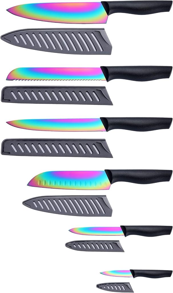 Marco Almond Kitchen Knife Set, KYA36 12-Piece Rainbow Color Stainless Steel Chef Boxed Knives Set for Kitchen with Covers, 6 Knives with 6 Blade Guards, Black