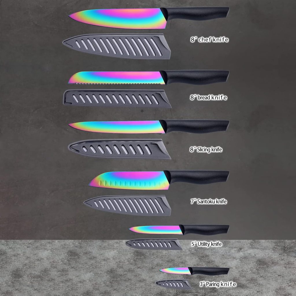 Marco Almond Kitchen Knife Set, KYA36 12-Piece Rainbow Color Stainless Steel Chef Boxed Knives Set for Kitchen with Covers, 6 Knives with 6 Blade Guards, Black