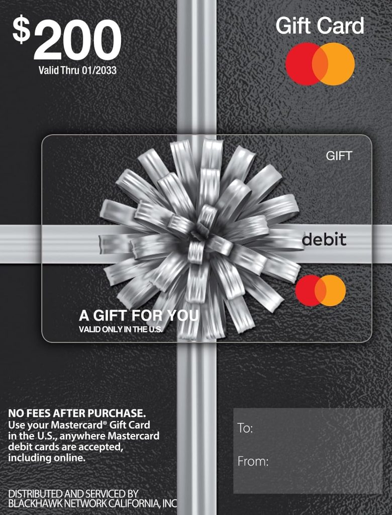 Mastercard Physical Gift Card – $200 (plus $6.95 Purchase Fee)