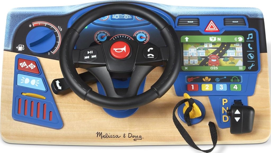 Melissa & Doug Vroom & Zoom, Interactive Wooden Dashboard, Racing Car Steering Wheel Toy, Lights & Sounds, Preschool Learning Toys for Girls & Boys 3+ – FSC Certified