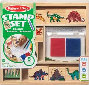 Melissa & Doug Wooden Stamp Set: Dinosaurs – 8 Stamps, 5 Colored Pencils, 2-Color Stamp Pad – FSC Certified