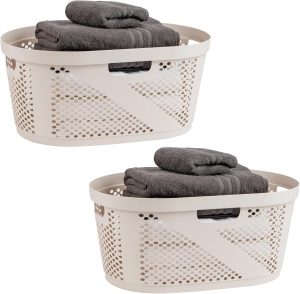 Mind Reader 40L Ventilated Laundry Baskets, Lightweight Clothes Hamper with Cutout Handles for Bathrooms and Closets, Plastic, Set of 2, Ivory