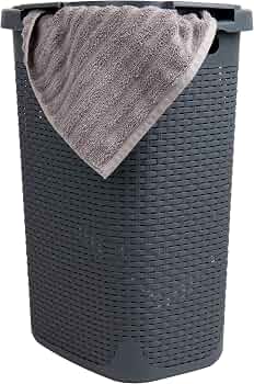 Mind Reader 60L Slim Plastic Hamper with Lid, Wicker Design, Gray