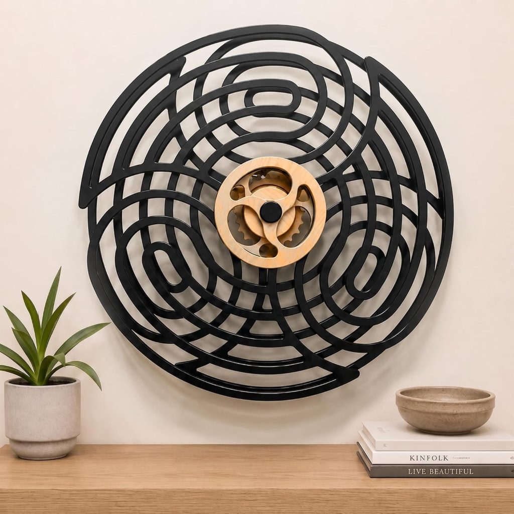 Mindsight Moving Kinetic Wall Art – Wind up to power peaceful motion (no battery) – Calming Wall Décor for Living Room, Office, Bedroom, Kitchen – Hand Crafted Wood – Ripple, Midnight
