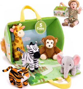 Mini Zoo Stuffed Animals Set – 5 Soft Safari Animals with Carry House 9.8″