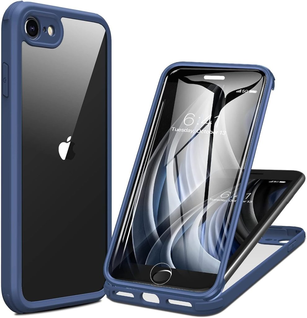 Miracase for iPhone SE Phone Case 3rd/2nd Generation 2022 2020 Full-Body with Built-in Glass Screen Protector, Heavy Duty 360° Protective Shockproof Bumper Cover for iPhone 8/SE, Blue