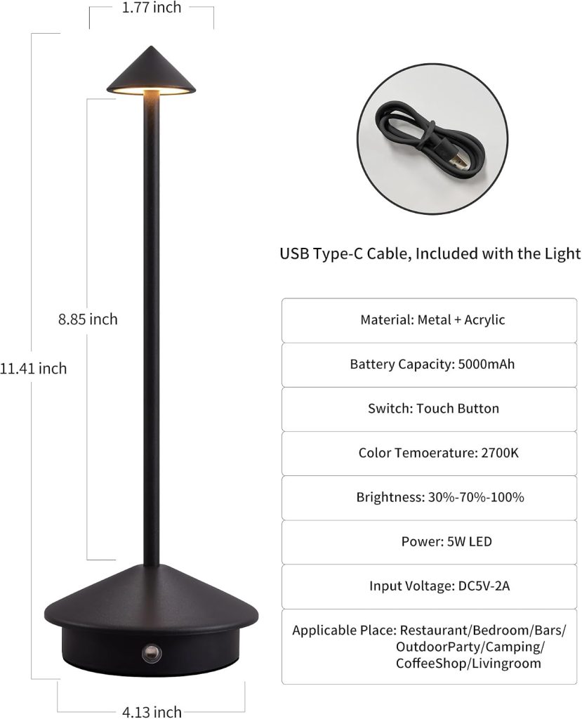 Modern Cordless Table Lamp Set of 2, Black Portable LED Desk Lamps