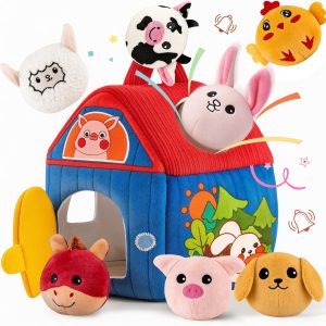Montessori Farm Toy for Babies, Plush Barn with 7 Soft Animal Toys
